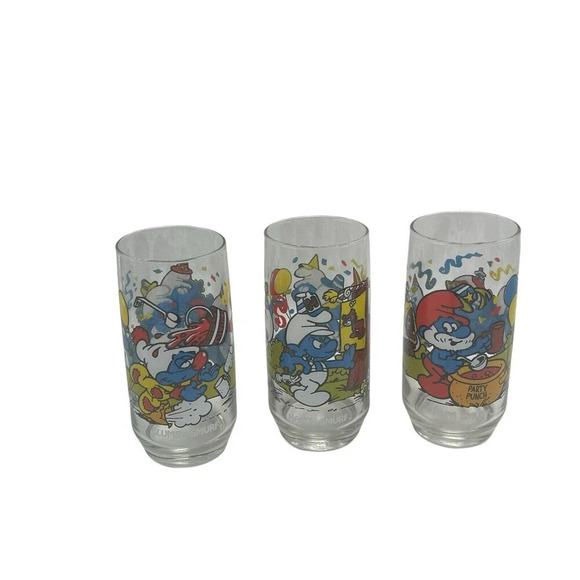 Vtg Smurf Glasses Cups Hardee's Peyo 1983 Tumblers Papa Handy Clumsy Lot of 3 - Picture 1 of 16